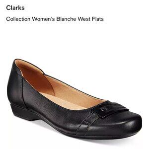 Sz 7.5 Clarks Blanche West Black Leather Buckle Embellishment Flats Women's Shoe